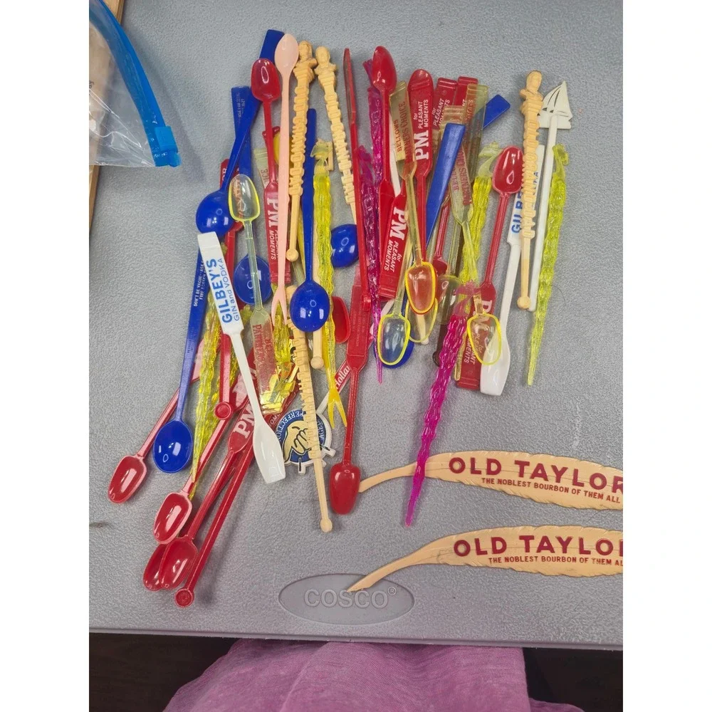52 Vintage Cocktail Swizzle Stick Stirrer Lot Old Taylor Gilbey's PM Whiskey